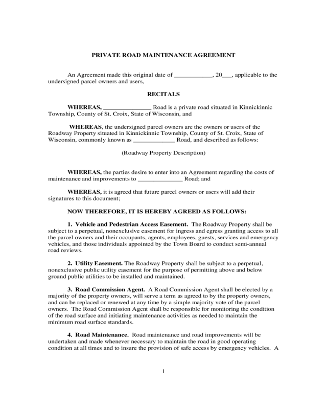 Private Road Maintenance Agreement - Wisconsin