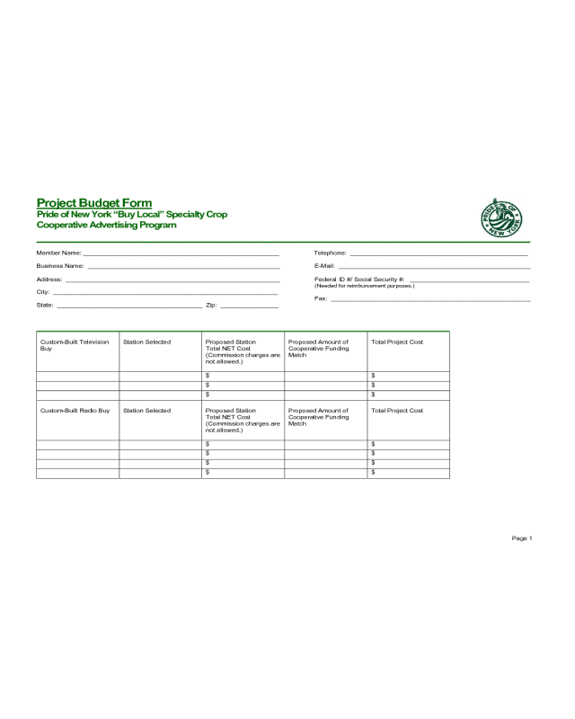 Project Budget Form - Pride of New York