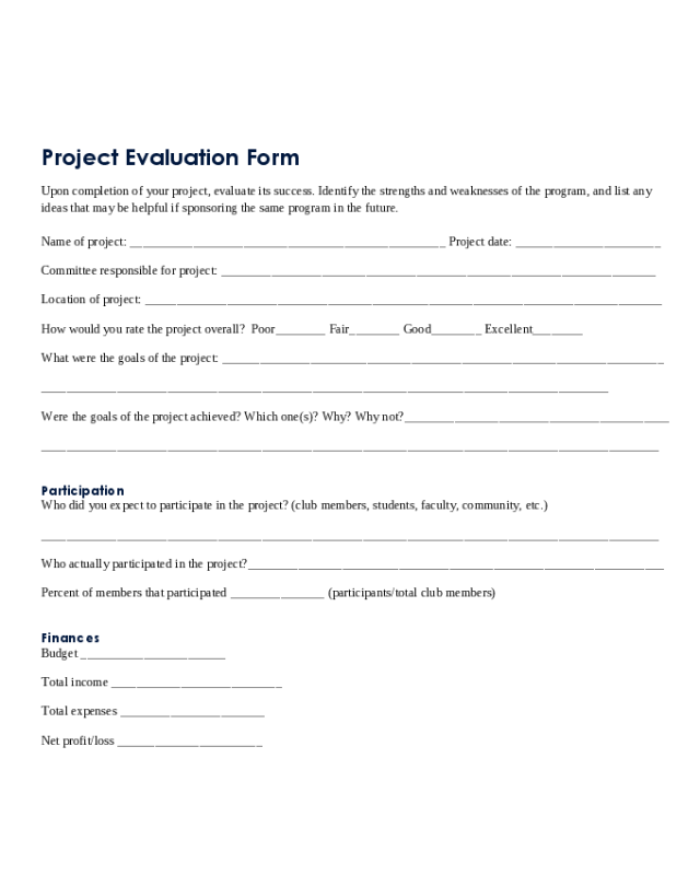 Project Evaluation Form Sample