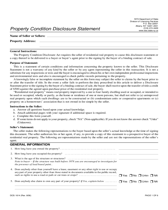 Property Condition Disclosure Statement -New York