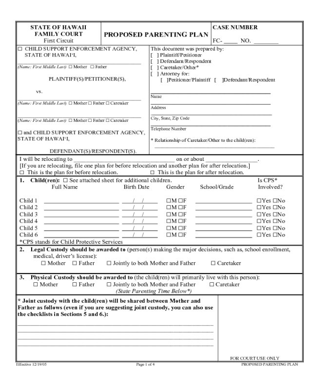 Proposed Parenting Plan Form - Hawaii