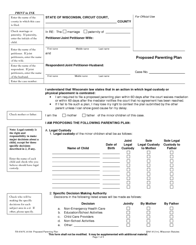 Proposed Parenting Plan Form - Wisconsin