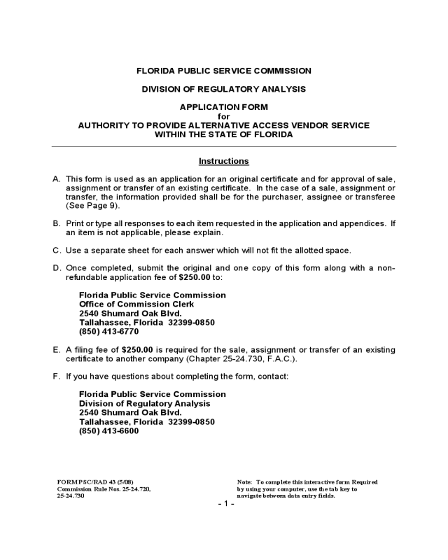 Public Service Commission Application Form - Florida