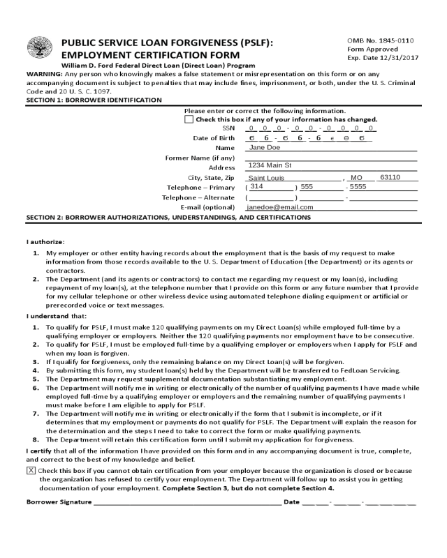 Public Service Loan Forgiveness Form - Employment Certification Form