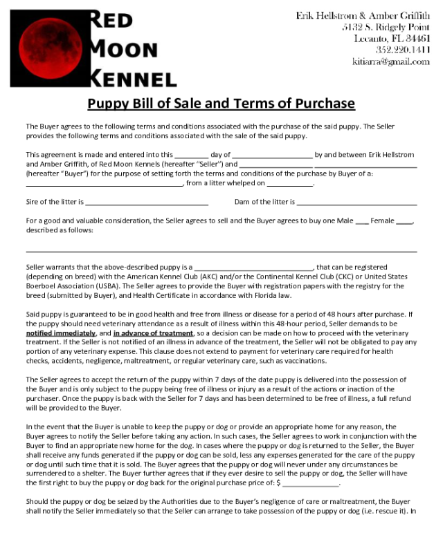 Puppy Bill of Sale and Terms of Purchase - Florida