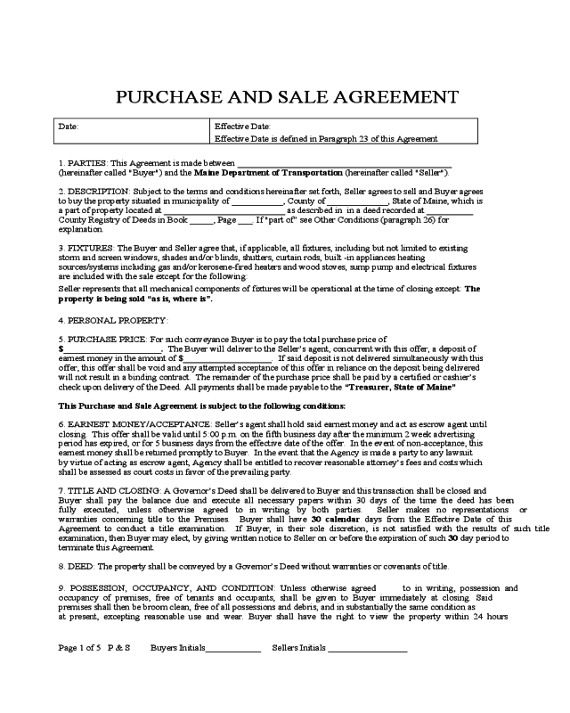 Purchase and Sale Agreement - Maine