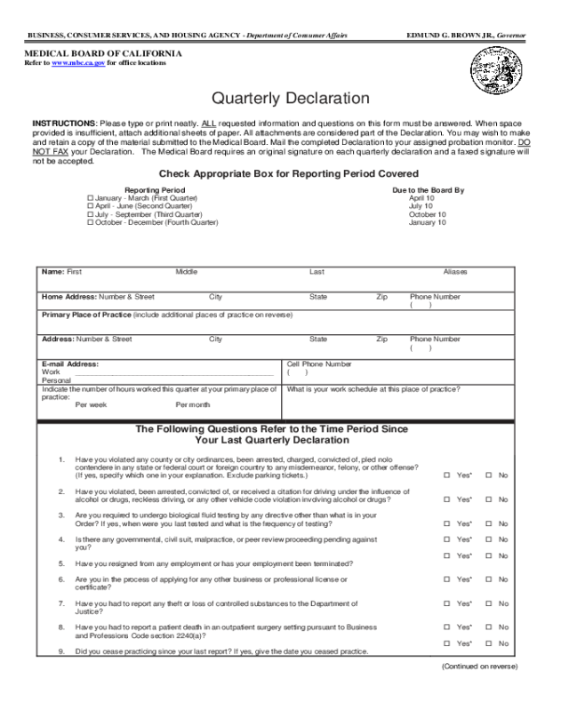 Quarterly Declaration - California