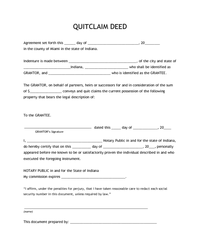 quick claim deed form indiana
 Quitclaim Deed - Indiana - Edit, Fill, Sign Online | Handypdf