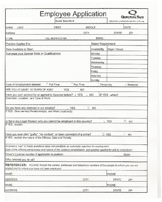 Quiznos Application Form