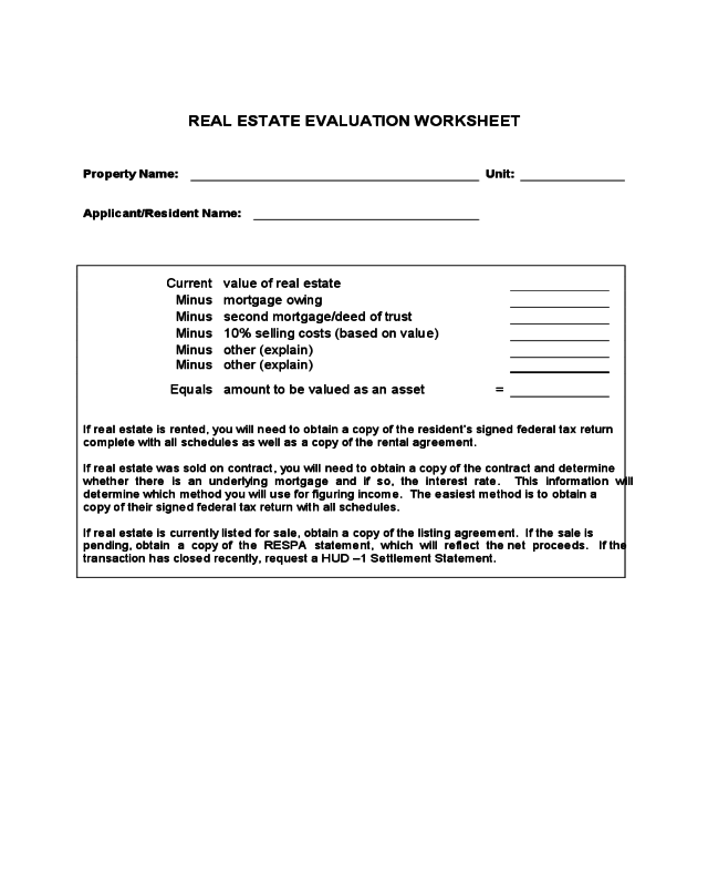 Real Estate Evaluation Form Worksheet