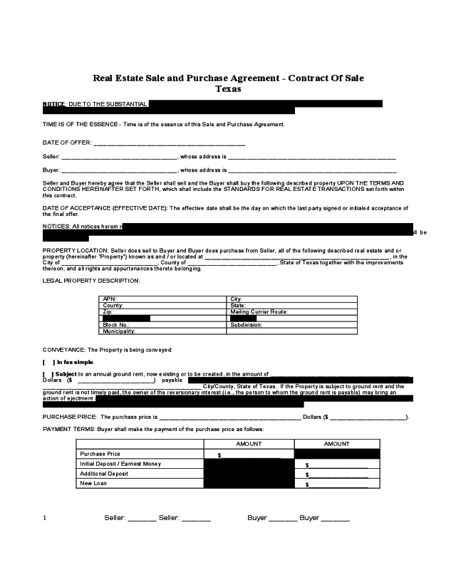 Real Estate Sale and Purchase Agreement - Texas