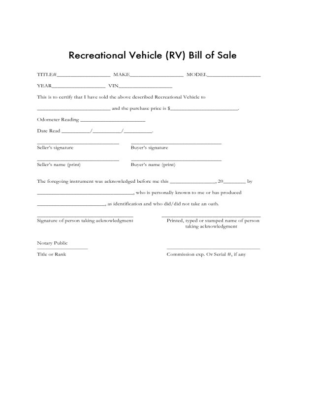 Recreational Vehicle Bill of Sale Form Sample