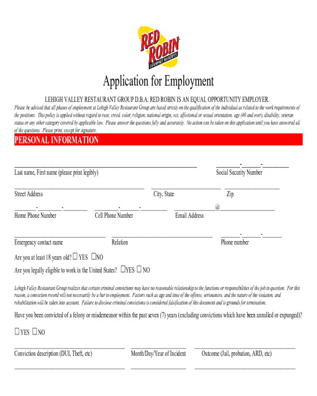 Red Robin Application Form