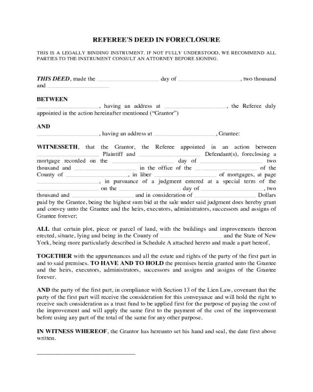 Referee's Deed in Foreclosure Example - New York