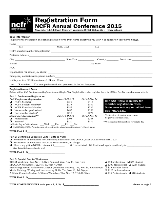 Registration Form NCFR Annual Conference 2015