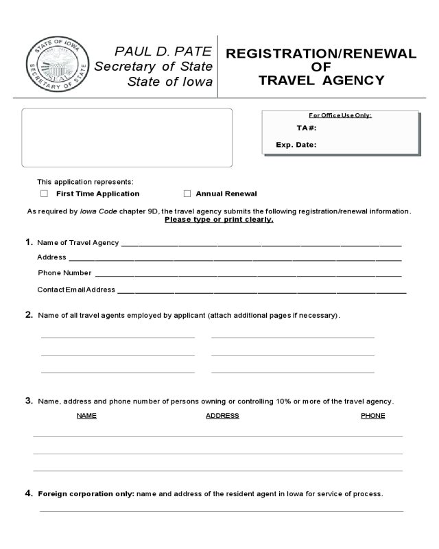 Registration or Renewal of Travel Agency - Iowa