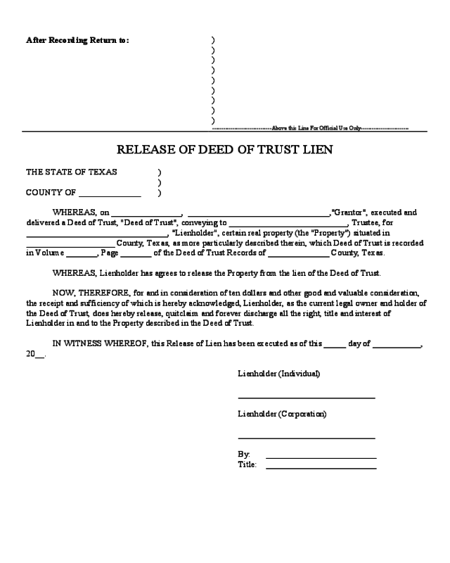 Release of Deed of Trust Lien - Texas