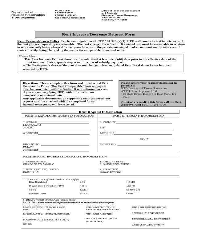 Rent Increase/Decrease Request Form - New York