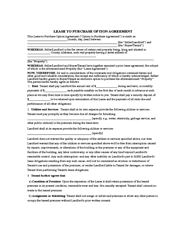 Rent to Own Agreement Sample Form