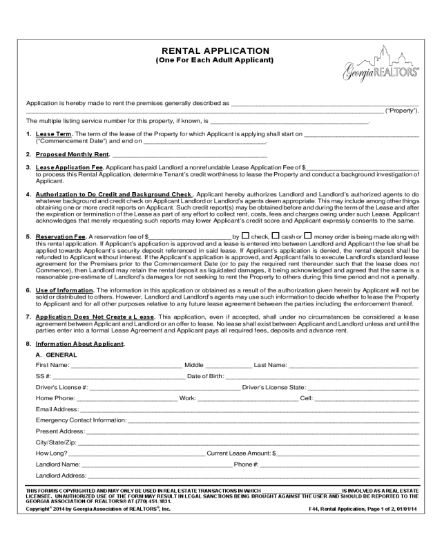 Rental Application Form - Georgia