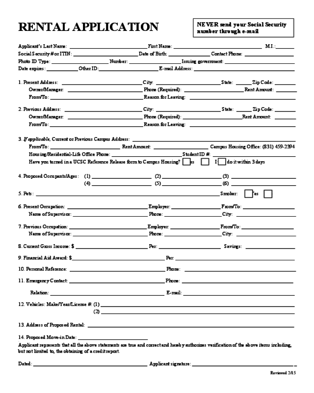 Rental Application Form - University of California, Santa Cruz