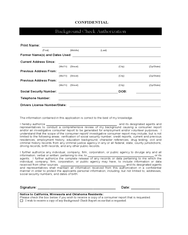 Rental Background Check Form - California, Minnesota, Oklahoma
