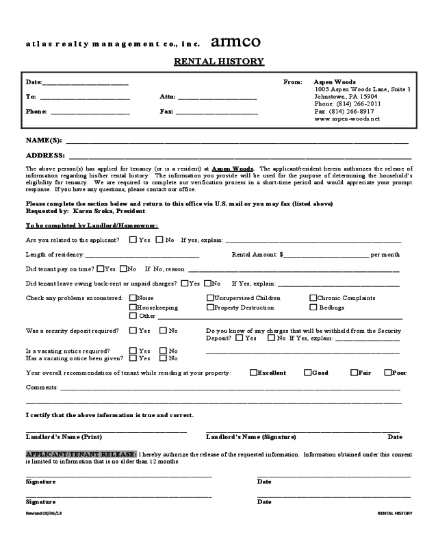 Rental History Form Template