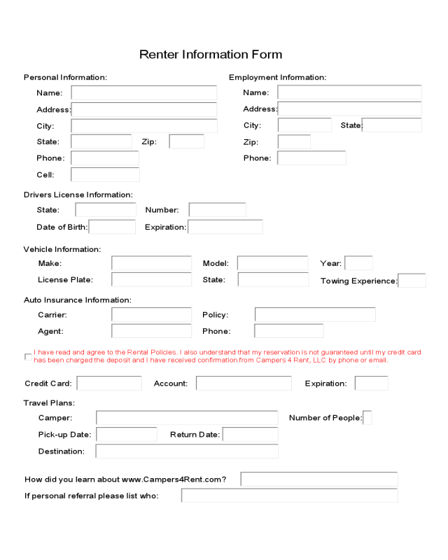 Renters Information Sample Form
