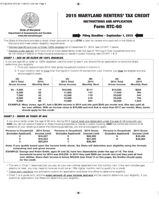 Renters' Tax Credit Instructions and Application Form - Maryland