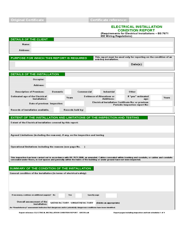 Report Form of Electrical Installation Condition