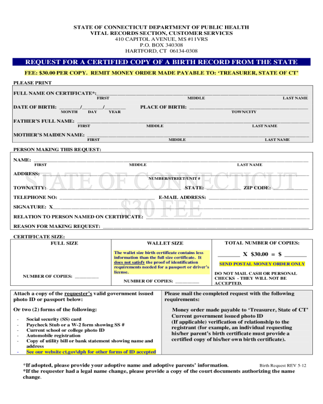 Request for a Certified Copy of a Birth Record from the State - Connecticut