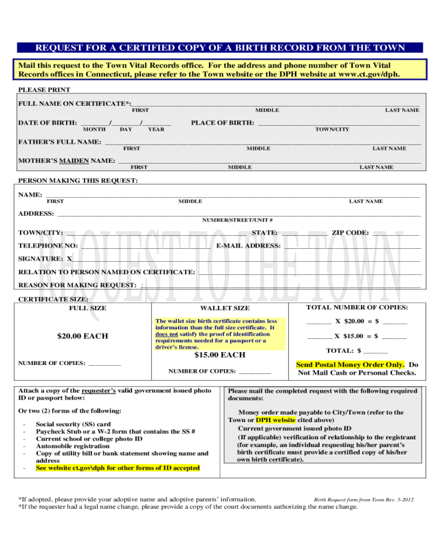 Request for a Certified Copy of a Birth Record from the Town - Connecticut