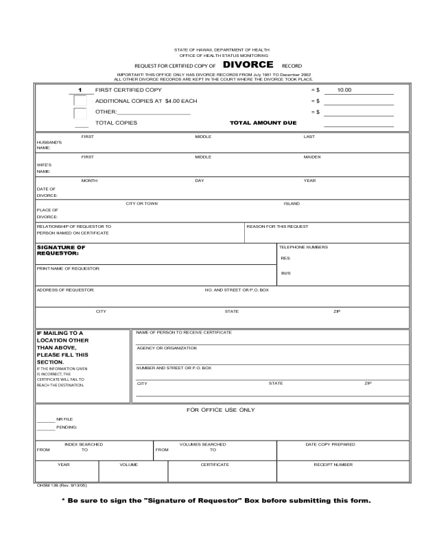 Request For Certified Copy of Divorce Record - Hawaii