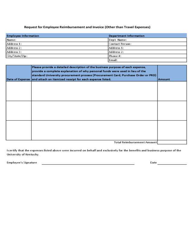 Request for Employee Reimbursement and Invoice - Kentucky