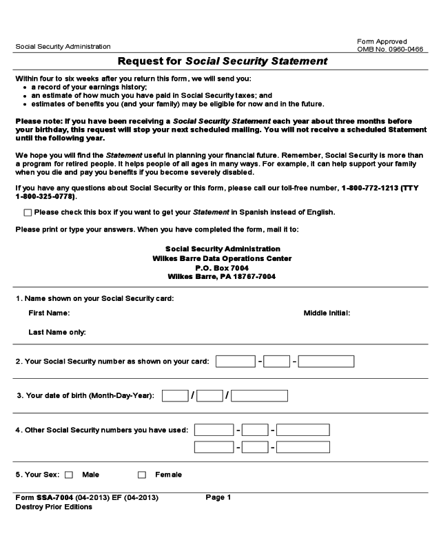 Request for Social Security Statement Sample Form