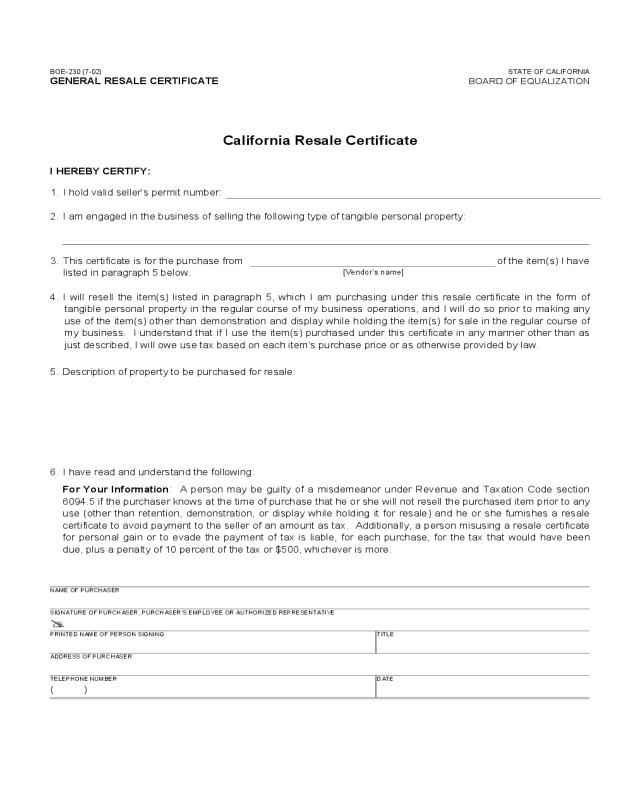 Resale Certificate - California