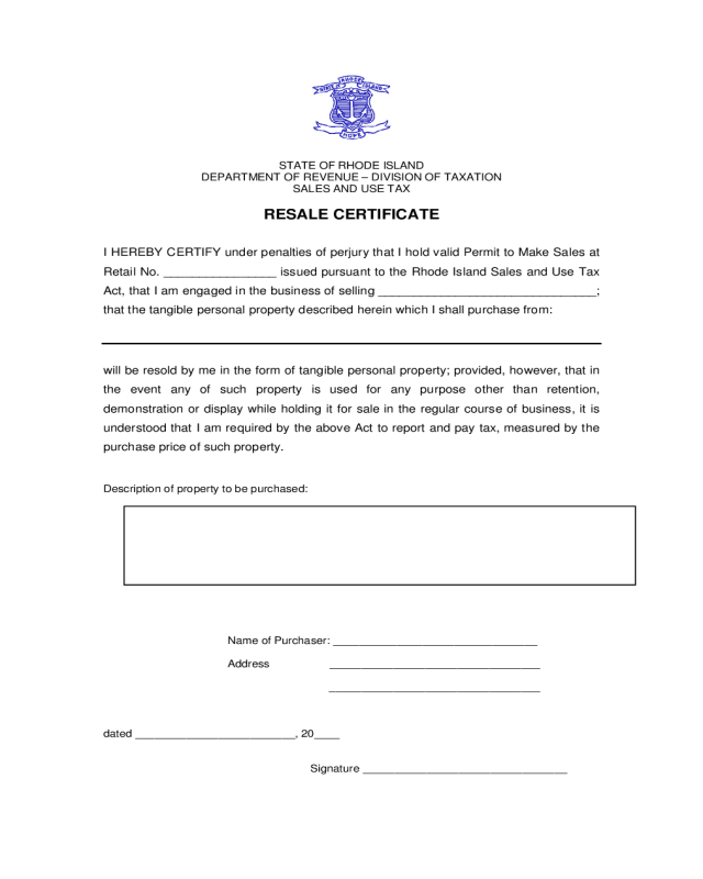 Resale Certificate - Rhode Island