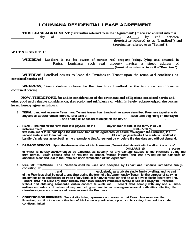 Residential Lease Agreement - Louisiana - Edit, Fill, Sign Online 