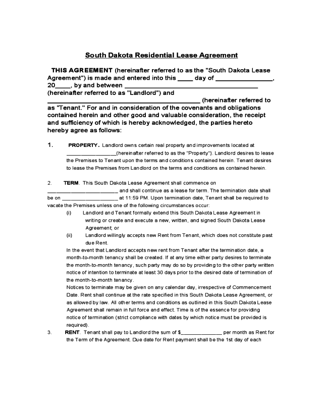 Residential Lease Agreement - South Dakota
