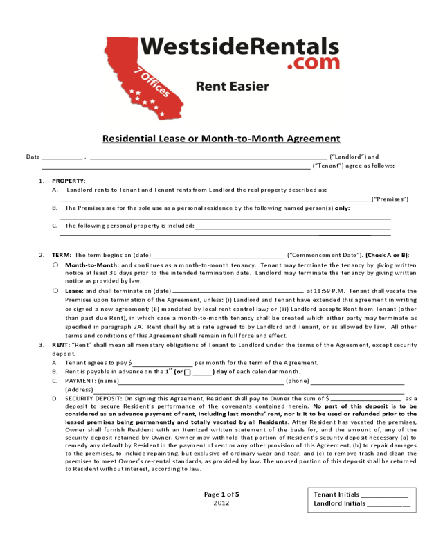 Residential Lease or Month-to-Month Agreement - California