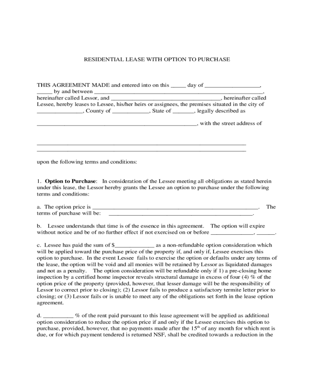 Residential Lease with Option to Purchase Form