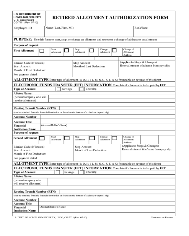 Retired Allotment Authorization Form