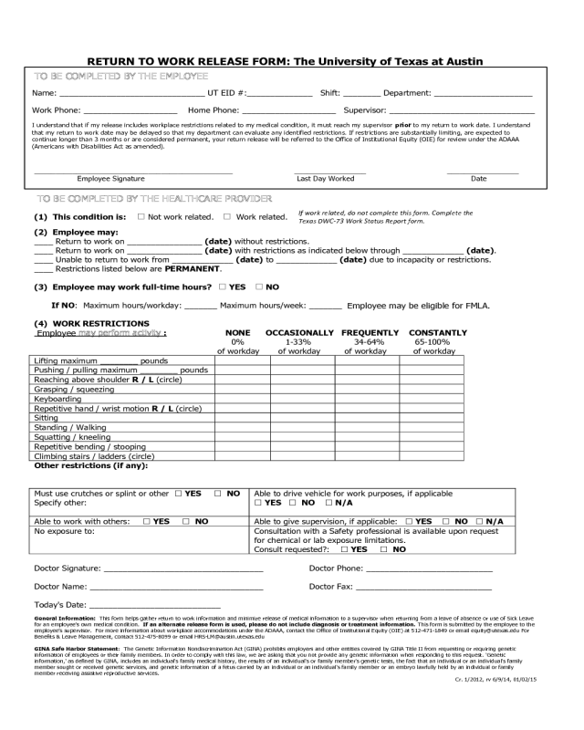 Return to Work Release Form - The University of Texas at Austin