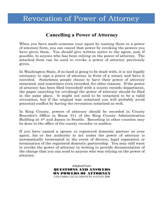 Revocation of Power of Attorney Form - Washington