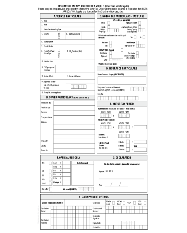 RF100 Motor Tax Application Form for a Vehicle