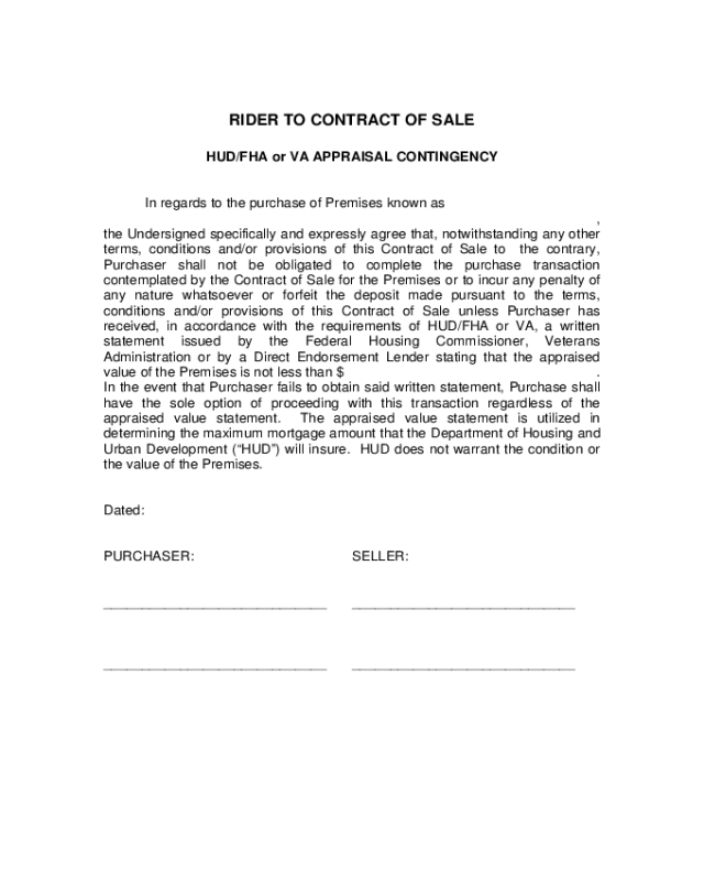Rider to Contract of Sale (HUD/FHA or VA Appraisal Contingency)