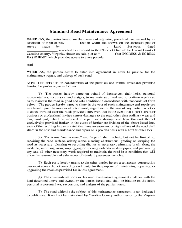 Road Maintenance Agreement Sample Form
