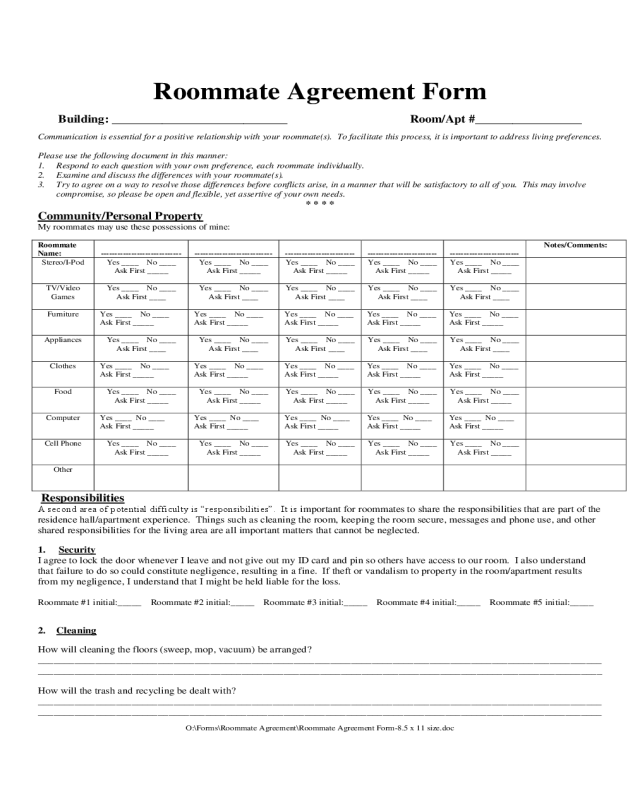 Roommate Agreement Sample Form
