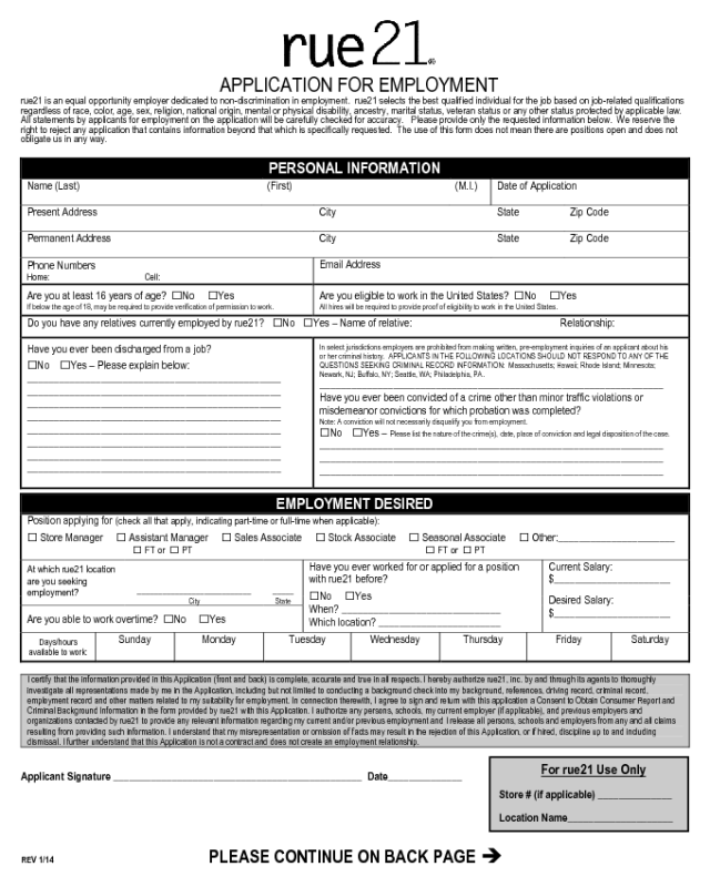 Rue 21 Application Form