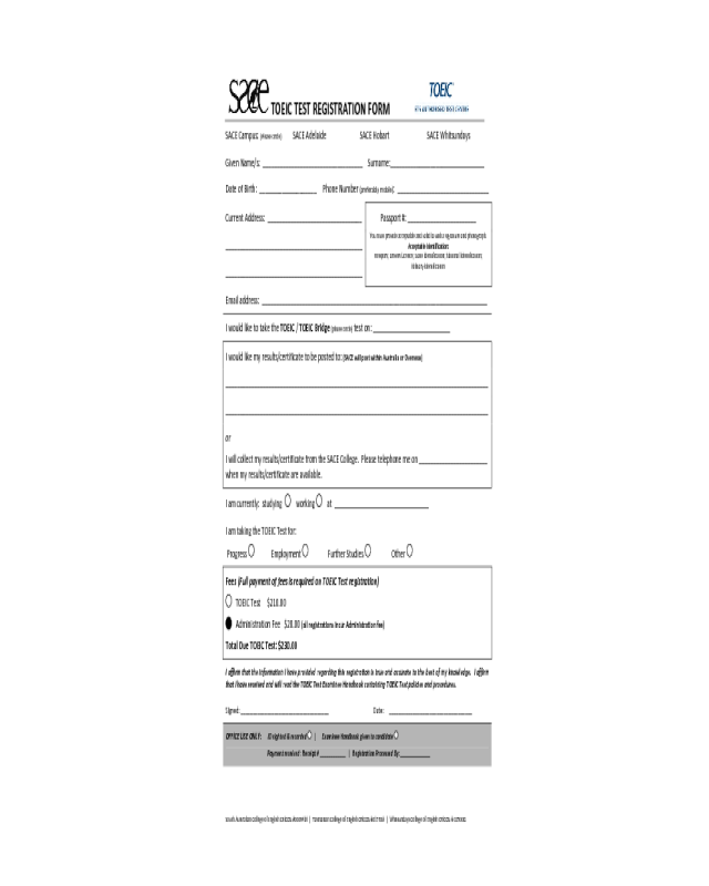 Sace Toeic Test Registration Form